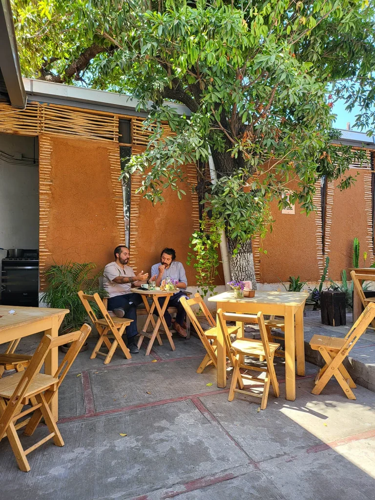 Josué discute avec le propriétaire sur la terrasse de la boulangerie Pan Con Madre à Oaxaca au Mexique avant l'aménagement par les paysagistes de Miroardo.