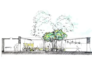 Coupe réalisée par Miroardo du futur projet d'aménagement de la terrasse de la boulangerie Pan Con Madre à Oaxaca au Mexique.