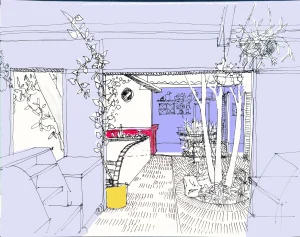 Perspective réalisée par Miroardo du futur projet d'aménagement de la terrasse de la boulangerie Pan Con Madre à Oaxaca au Mexique.