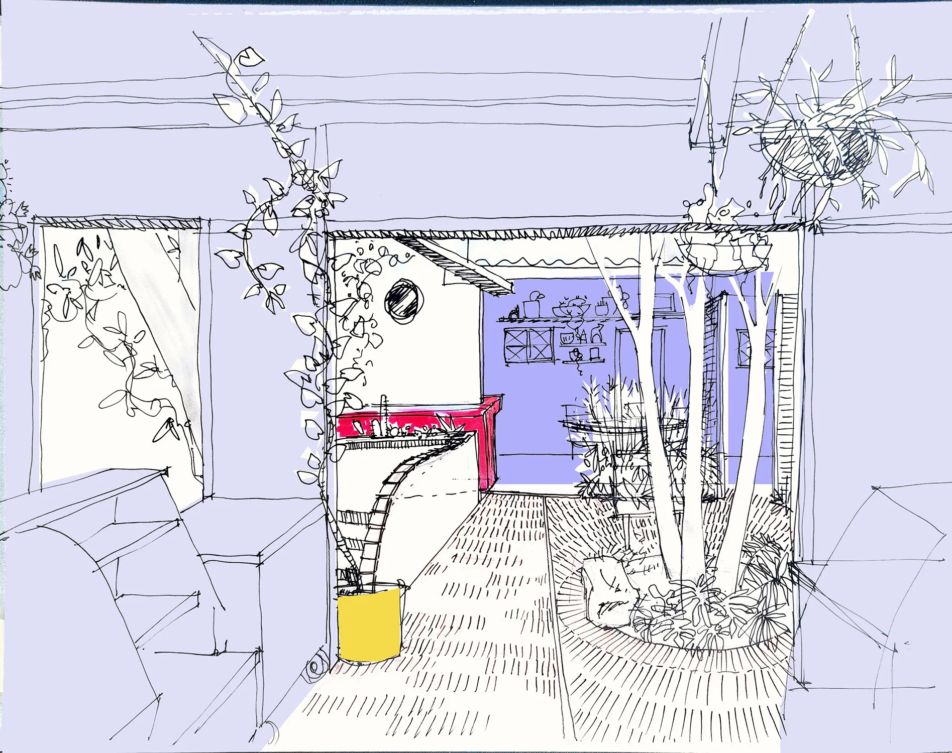 Perspective réalisée par Miroardo du futur projet d'aménagement de la terrasse de la boulangerie Pan Con Madre à Oaxaca au Mexique.