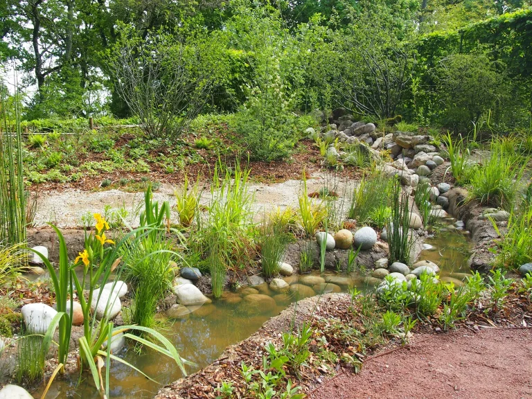 Vue globale de la rivière réalisée dans le cadre du festival international des Jardins à Chaumont sur Loire en Avril 2023. Ce jardin éphémère est le fruit d'une collaboration entre Miroardo et le collectif Brèche.