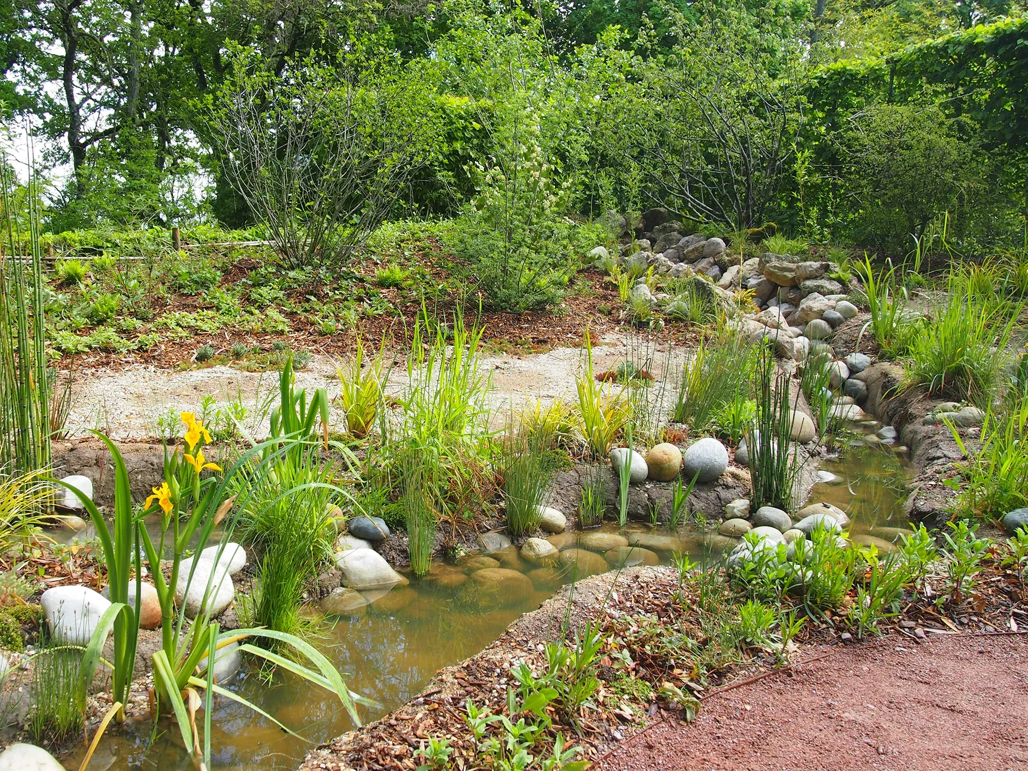 Vue globale de la rivière réalisée dans le cadre du festival international des Jardins à Chaumont sur Loire en Avril 2023. Ce jardin éphémère est le fruit d'une collaboration entre Miroardo et le collectif Brèche.